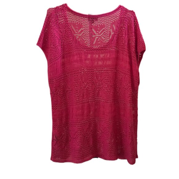 Lisa International Dark Pink Short Sleeve Crochet See Through Light Sweater - Picture 3 of 4